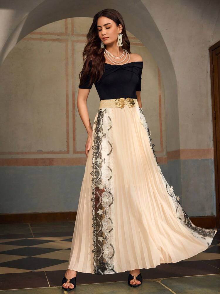 ZEYLAH Solid Color Midi Lace Panel Pleated Long Skirt
