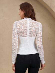 EMERY ROSE Blusa de manga larga de encaje elegante francés para mujer, de estilo minimalista y uso casual diario - Blanco - Ver 2