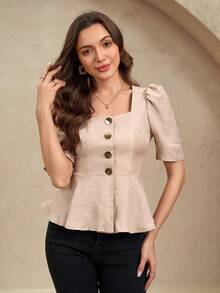 EMERY ROSE Women's Summer Square Collar Short Sleeve Shirt, Metal Button Decor, Split Hem Waist Design, Casual Fashion Elegant Blouse , Peplum Top - Khaki - View 3