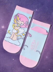 Pop Mart Azura X SHEIN 5 Pairs Cartoon Pattern Fashionable Cute Macaron Color Fantasy Soft And Breathable Moisture-Wicking Women Elastic Ankle Socks, Reinforced Toe And Heel, Suitable For Spring, Summer, Autumn, Winter, Pink & Purple