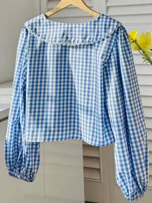 INAWLY Women's Bright Yellow Bubble Plaid Cute Loose Long Sleeve Fungus Lace Shirt Fall Cloth For Women