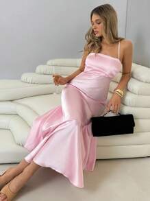 Roylia 女士优雅鱼尾连衣裙，细肩带，紧身，露背系带设计，夏季长裙 - 粉色 - 查看 5