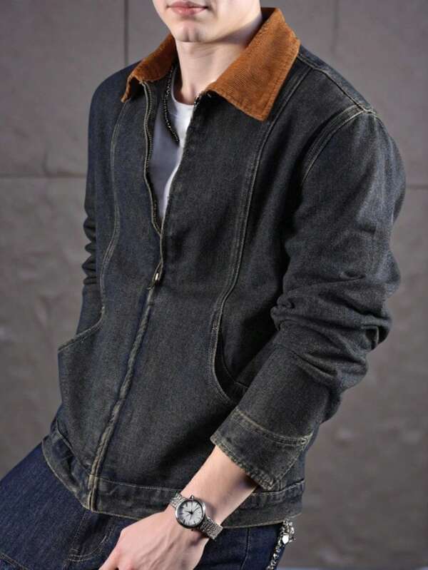 Manfinity EMRG Chaqueta de mezclilla con cuello vuelto y cierre de cremallera con bloques de color para hombres de talla grande, ropa casual de calle, primavera/otoño