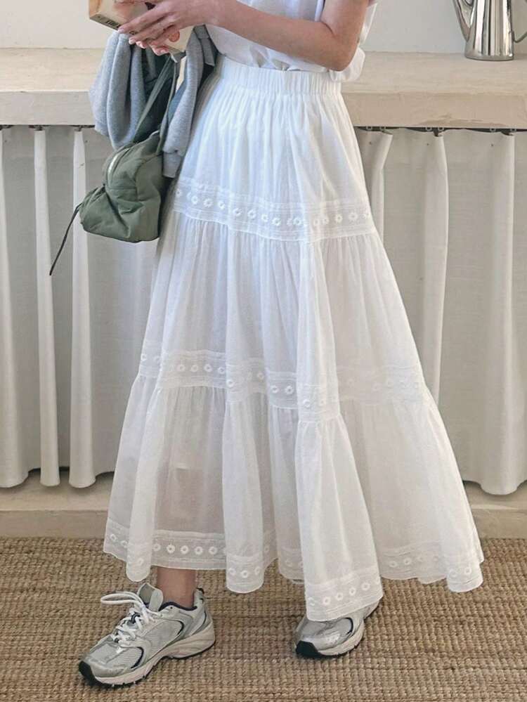 Women's Lace Patchwork White Ballet-Inspired Skirt White Boho Skirt