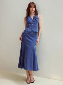 MOTF STUDIO STEREO FLORAL RHINESTONE DETAIL DENIM SKIRT