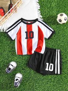 SHEIN Set de 2 piezas Conjunto de jersey deportivo a rayas y pantalones cortos para bebé, estilo deportivo para niños y niñas bebés, adecuado para interior, exterior, diario, deportes, juego, fiesta, sesión de fotos, vacaciones, partido, primavera/verano