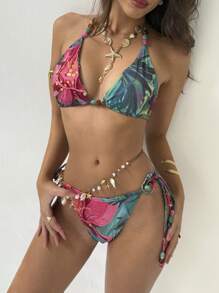 Aloruh 女士夏季热带植物印花露背短款上衣和系带比基尼泳装套装