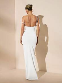 SHEIN BAE Vestido de sirena blanco sólido sexy de hombros oblicuos, cuello alto y espalda retorcida, elegante vestido de vacaciones, vestido de dama de honor, vestido de fiesta de cumpleaños, vestido de graduación de regreso a la escuela - Blanco - Ver 7