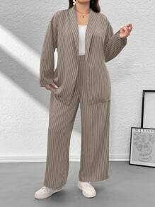 Firerie Plus Size Women's Striped Wrap Elegant & Casual Kimono Blazer Suit Set, Grey Office Commuter Formal 2 Pieces Suit Outfit/Valentine's Day/Concert/Performance Costume/Dating/Senior Banquet/Dance/Wedding Season/Sexy/Elegant/Commuting/Back To School Season/Vacation/Beach/Elegant Romance/Office Enchantress/Siren Style/Birthday Party Outfits Long Sleeve Suit Autumn Four Seasons Jacket & Straight Pants Suit Set/Multi-Piece Set Graduation,Back To School,Teacher Outfits For Women,Fall Women Clothes