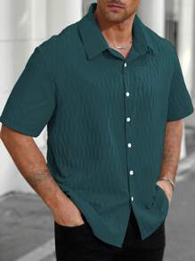 Manfinity Homme Áo sơ mi nam tay ngắn cài nút phía trước màu trơn cỡ lớn, mùa hè - Màu xanh lam - Xem 3