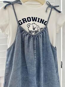 SHEIN Tween Girls Summer Boho Comfortable Simple Base Bowknot Loose Fit Blue Denim Jumpsuit Overalls Shorts For Tween Girl Clothes Girls Costume Dailywear And Girls Summer And Spring Clothes - Medium Wash - View 10