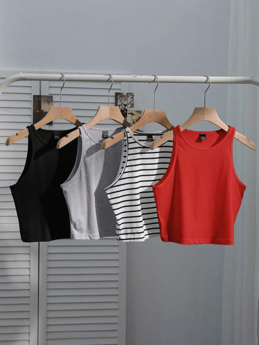 SHEIN EZwear 4件套女士休闲上衣套装，黑色碎花、灰色、红色、黑白条纹，修身、性感、百搭，夏季返校季 - 彩色 - 查看 1