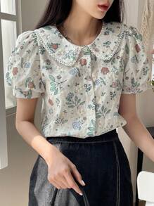 DAZY Floral Embroidery Peter Pan Collar Puff Sleeve Blouse