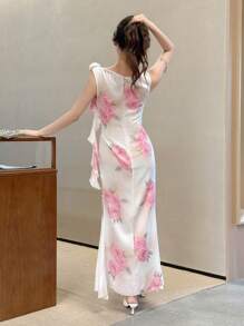 SHEIN LUNE Váy đuôi cá bó sát họa tiết hoa 3D không tay cổ khoét sâu mùa hè mới 2022 - Nhiều màu - Xem 2