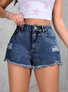 SHEIN PETITE Women's Solid Color Pocket Ripped Hem Summer Denim Shorts - Dark Wash - View 7