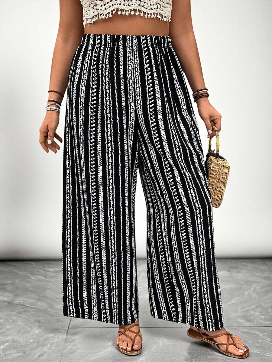 SHEIN VCAY Plus Size Loose Black And White Stripe Pants, Vacation Style, Boho,Western Clothes For Women,Leisure,Vacation - Black and White - View 1