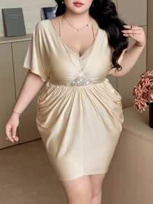 Flirla Plus Size Women's V-Neck Spaghetti Strap Pleated Lace Patchwork Glossy Rhinestone Embellished Elegant Vintage Party Maxi Dress, Spring/Summer - Apricot - View 4