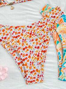 Swim Vcay 4件套新款碎花+彩色贝壳和海星金属装饰侧系带高开叉比基尼泳装套装女士海滩度假 - 彩色 - 查看 4