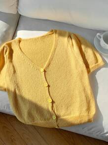 Comfortcana Butter Yellow Women V-Neck Short Sleeve Single-Breasted Knitted Sweater Top Women Summer Clothing Yellow Knitted Women Summer Sets Yellow Blouse Summer Cardigan For Women Cardigan For Women For Summer - Yellow - View 5