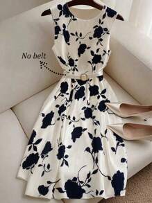 Franclia 女士圆领褶皱纯色花卉 A 字型优雅中长连衣裙