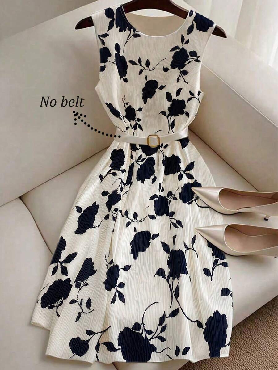 Franclia 女士圆领褶皱纯色花卉 A 字型优雅中长连衣裙