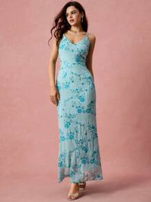 Enchnt 女式优雅亮片花卉印花腰部收腰鱼尾下摆吊带裙，夏季 - 藍色 - 查看 6