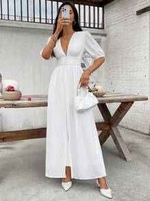 INAWLY Women Deep V-Neck High Slit Waist Short Sleeve Solid Color Dress - White - View 6