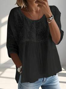 EMERY ROSE 女式花卉提花圆领七分袖宽松衬衫