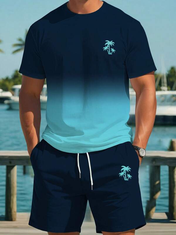 ResortEase Conjunto de 2 piezas de talla grande para hombre, con camiseta de manga corta con estampado degradado de plantas y pantalones cortos casuales con bolsillo, para vacaciones
