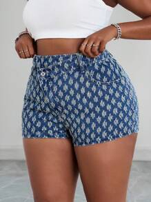 Slaydiva Quần short denim móc cỡ lớn cho nữ, thiết kế cạp chun bất đối xứng, không co giãn, ôm vừa vặn, phong cách Cowboy, quần short denim lễ hội mùa hè - Rửa trung bình - Xem 2