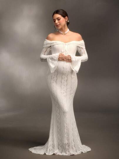 Cheriluna Maternity Váy maxi đuôi cá dài tay ren trắng trễ vai thanh lịch, thích hợp cho đám cưới, tiệc tùng, tiệc mừng em bé, chụp ảnh bầu, lễ rửa tội
