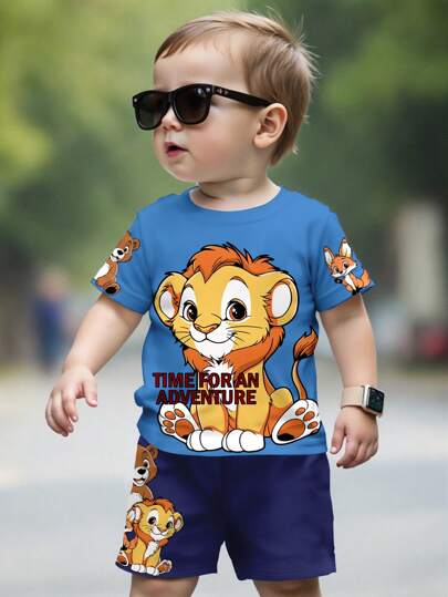 SHEIN Camiseta de manga corta de ajuste holgado con cuello redondo y estampado de dibujos animados, adecuada para el verano, para niño bebé