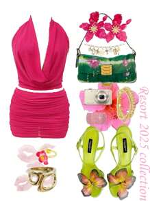 Slaydiva 2025 Summer New Holiday Beach Swimsuit Sexy Elegant Romantic Magenta See-Through Mesh Deep Draped Neck Halter Top + Pleated Mini Skirt Set, Suitable For Music Festival, Sexy Street, Graduation, Western Nomad, Bohemian, Casual Outings, Hottie, Birthday Party, Student Wear, Basic Versatile, Casual, Resort, Cruise, Beach, Sunbathing, Viral , Party Gathering - Hot Pink - View 1