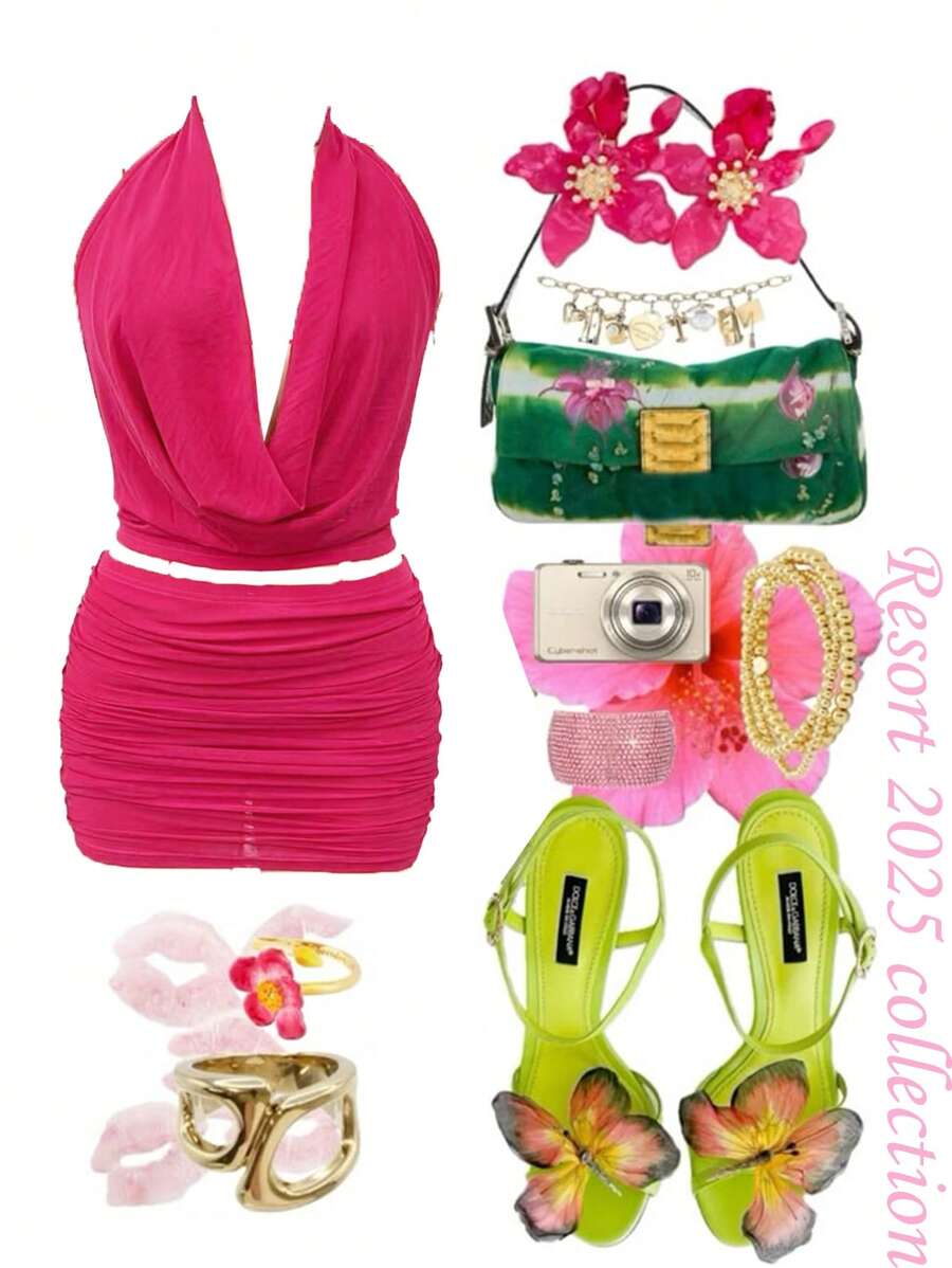 Slaydiva 2025 Summer New Holiday Beach Swimsuit Sexy Elegant Romantic Magenta See-Through Mesh Deep Draped Neck Halter Top + Pleated Mini Skirt Set, Suitable For Music Festival, Sexy Street, Graduation, Western Nomad, Bohemian, Casual Outings, Hottie, Birthday Party, Student Wear, Basic Versatile, Casual, Resort, Cruise, Beach, Sunbathing, Viral , Party Gathering - Hot Pink - View 1