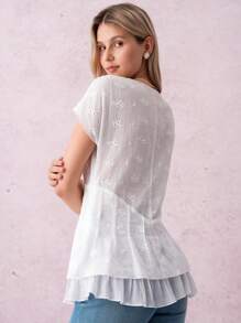 SHEIN Clasi 女士刺绣、提花和印花V领泡泡袖衬衫，2025年夏季新品 - 杏色 - 查看 2