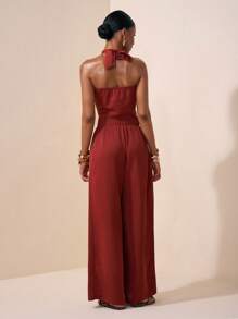 Zivah 2025 Summer New Style Wedding Birthday Party Daily Outing Basic Versatile Casual Popular Online Style Street Style Elegant Commuting Business Casual Necklace Hanging Sexy Backless Irregular Hem Women's Top And Pleated Straight Wide-Leg Pants Good Drape Red Brown Summer Suit Women's Two-Piece Suit
