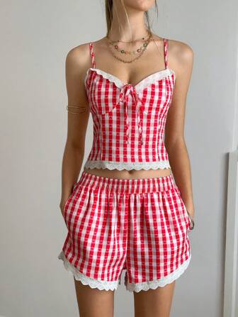 Jouncy 2pcs/Set Women Patchwork Embroidered Plaid Pattern Camisole Tank Top And Shorts