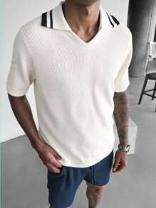 Manfinity Homme Men's  Old Money Simple Stripe Collar Knitted Sweater, Everyday Wear,Men Sweater - Apricot - View 9