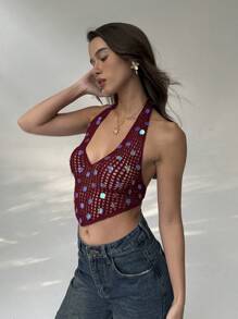 Aloruh Damen gestricktes trägerloses rückenfreies ärmelloses Pailletten sexy Crop Top, Sommer Strand Boho Tropical Urlaub Rave Festival Country Konzert Ibiza Western Wear