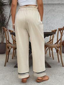 SHEIN VCAY Plus Size Drawstring High Waist Casual Loose Wide Leg Pants - Apricot - View 2