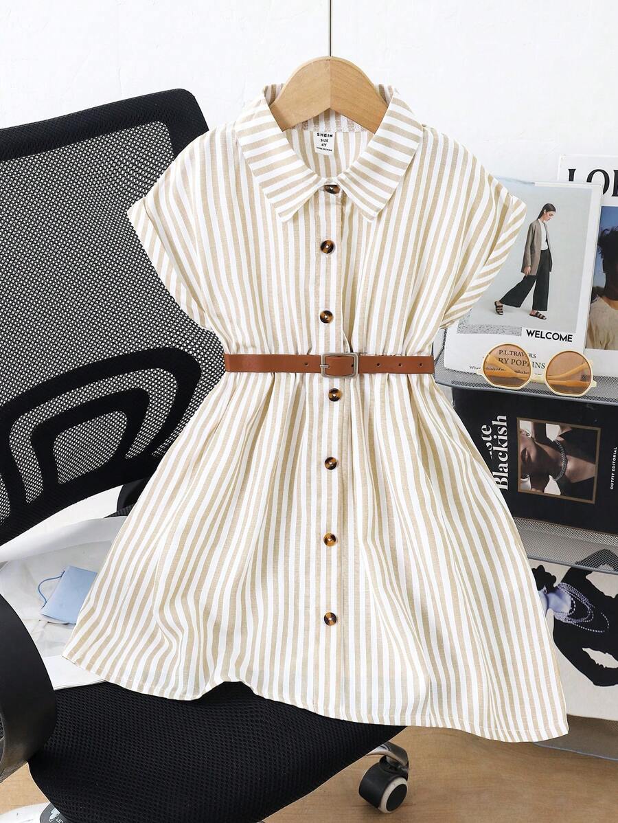 Elladie kids 女童宽松梭织落肩条纹领纽扣衬衫裙，配时尚腰带，休闲/度假装，春季 - 杏色 - 查看 1