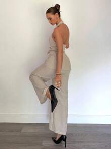 Siren Gaze Bộ 2 món áo vest sọc spaghetti có thắt lưng và quần ống đứng cho nữ, bộ vest, đồ công sở/đồ đi làm, quần áo giáo viên nữ, trang phục công sở cho nữ, quần áo làm việc cho nữ, trang phục giáo viên cho nữ, trang phục công sở thường ngày cho nữ - Màu be - Xem 2