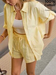 Siren Gaze 女士奶油黄短裤套装 - 2025 夏季棉质休闲两件套：卷边短袖衬衫和短裤，海滩度假必备品，透气机场装，商务休闲办公装女士夏装套装夏季短裤套装 2 件短套装女士亚麻短裤套装 Co Ord 套装夏季 - 黃色 - 查看 1
