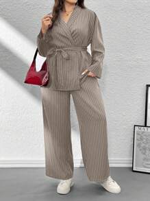 Firerie Plus Size Women's Striped Wrap Elegant & Casual Kimono Blazer Suit Set, Grey Office Commuter Formal 2 Pieces Suit Outfit/Valentine's Day/Concert/Performance Costume/Dating/Senior Banquet/Dance/Wedding Season/Sexy/Elegant/Commuting/Back To School Season/Vacation/Beach/Elegant Romance/Office Enchantress/Siren Style/Birthday Party Outfits Long Sleeve Suit Autumn Four Seasons Jacket & Straight Pants Suit Set/Multi-Piece Set Graduation,Back To School,Teacher Outfits For Women,Fall Women Clothes