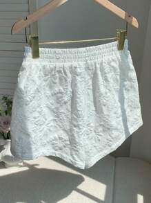Comfortcana Plus Size Summer Women's Floral Jacquard Elastic Waist Loose Casual Shorts White High Waisted Shorts White Lace Shorts - White - View 1