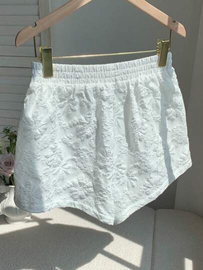 Comfortcana Plus Size Summer Women's Floral Jacquard Elastic Waist Loose Casual Shorts