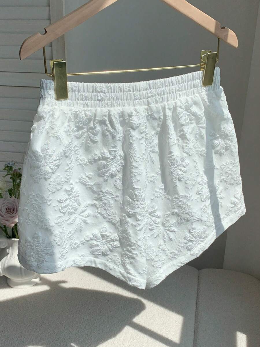 Comfortcana Plus Size Summer Women's Floral Jacquard Elastic Waist Loose Casual Shorts White High Waisted Shorts White Lace Shorts - White - View 1
