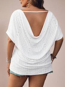 SHEIN VCAY 加大码度假岛海滩夏季白色提花针织宽松露背T恤白色上衣可爱夏季上衣串珠上衣女士夏季复活节女士节日伊比沙岛纳什维尔伊比沙岛休闲波西米亚牛仔早午餐女士上衣