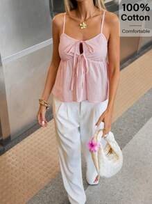 Siren Gaze Women Solid Color Front Tie Ruffled Hem Cami Tank Top Pink Tie Top Pink Summer Top Pink Cami Top Tie Front Top Pink Bow Top - Baby Pink - View 6