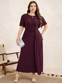 SHEIN Clasi Curve 加大码女式勃艮第酒红色浪漫优雅简约纯色扭纹设计短袖针织弹力面料长裙、女式婚礼宾客礼服、女式生日礼服、婚礼宾客礼服、女式夏季服装、女式度假服装、女式春季服装、女式春季服装、商务休闲女装、女式节日服装、老钱风格女装、外出服装、乡村音乐会服装、女式优雅服装、女式优雅礼服、勃艮第酒红色连衣裙、红色优雅连衣裙、女式超长连衣裙、女式长裙、荷叶边连衣裙、女式教堂服装、女式教堂服装 - 中紫紅色 - 查看 5